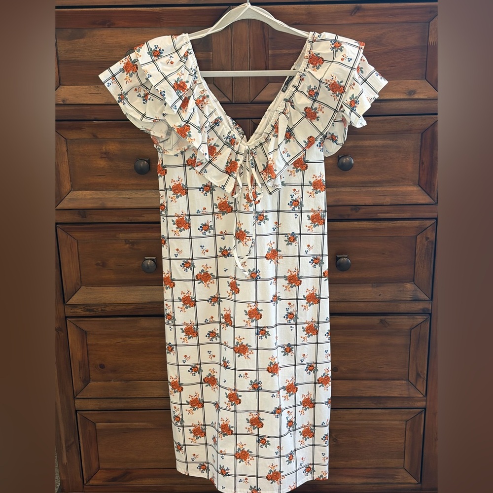 Zara Cream Midi Dress with Orange and Blue Floral Pattern